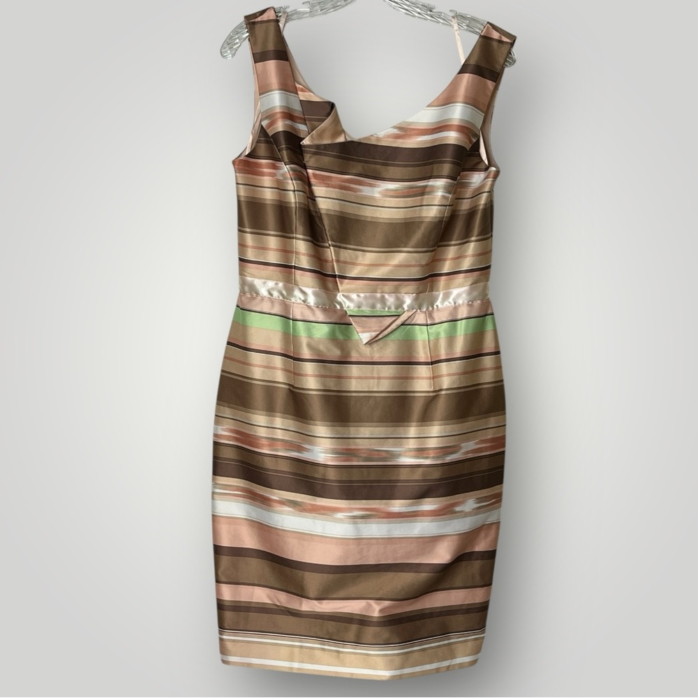 Antonio‎ Melani Sleeveless Brown Pink Green Striped Satin Shift Dress Womens 10
